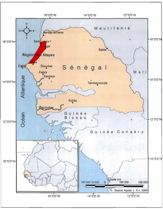 Figure 1.  Localisation  de  la  région  du  Niayes,  le  long du  littoral  nord  du  Sénégal