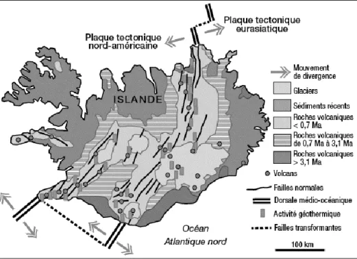 Figure  4:  Carte  géologique  de  l'Islande  montrant  les  principaux  systèmes  volcaniques  et  la  géologie