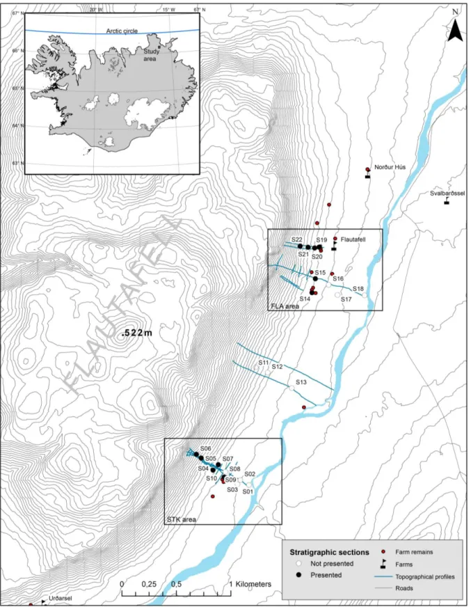 Figure  1.1:  Location  of  the  study  area  in  northeastern  Iceland  and  the  location  of  sites  used  for  topographical  measurements  and  for  stratigraphical  study,  on  the  slopes  of  Flautafell