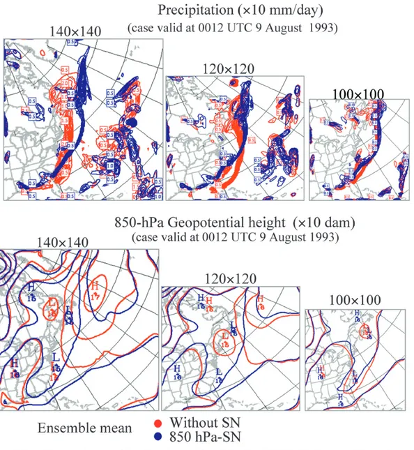 Figure 10 illustrates seasonal averages of the ensem- ensem-ble means corresponding to the four domain sizes (four columns) for different SN configurations (five rows) for the precipitation (Fig