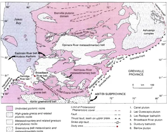 Figure  1,3	  Sous-provinces géologiques de  la  région de  la  baie James (modifié de Card el  Poulsen,  1998) 