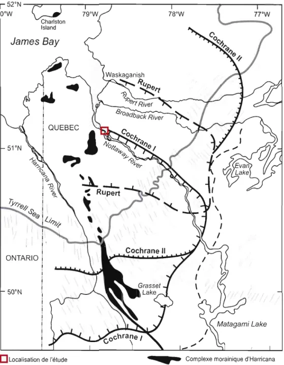 Figure  1.8	  Limite des différentes crues glaciaires du  glacier d'Hudson sur la côte  québécoise de  la  baie James (Cochrane l, Rupert et Cochrane II)  (modifiée de  Veillette,  1997; d'après Hardy,  1976)