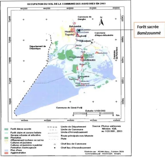 Figure 3.3  Carte d'occupation du sol de la commune des  Aguégués  en 2003 et  localisation de  la forêt sacrée  Bamèzounmè  (Adam, 2008)