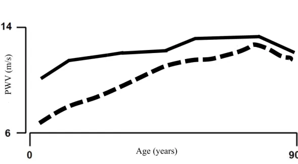 Figure 1-4 The dependency of PWV with age for central elastic arteries (dashed line) and  peripheral muscular arteries (continuous line)