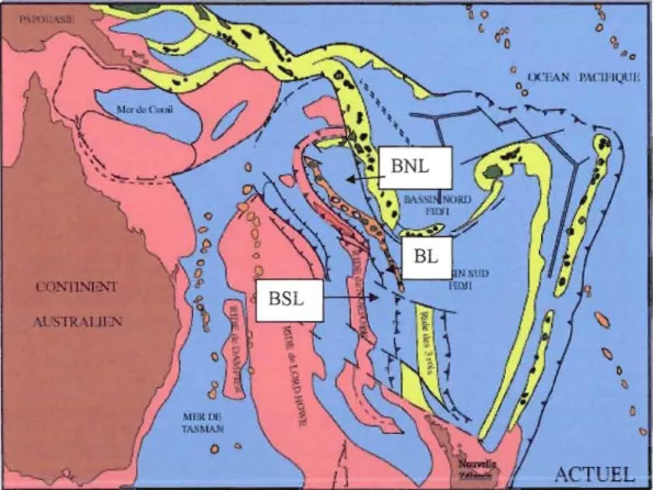 Figure 1- 1 : Carte de  la synthèse structurale du Sud-Ouest Pacifique d'après Cluzel  et  al.,  2001  (BL: Bassin des Loyauté, BNL : Bassin North-Loyauté, BSL : Bassin Sud­