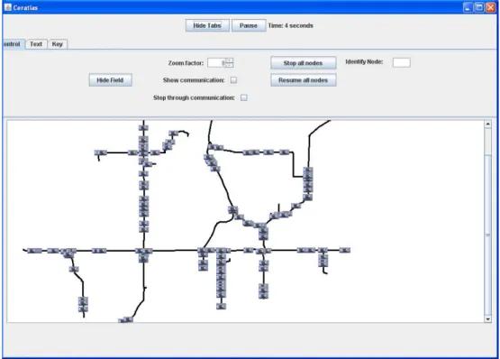 Figure 2.8: The graphical user interface of the JiST/SWANS simulator showing the road topology used in one of the three scenarios.
