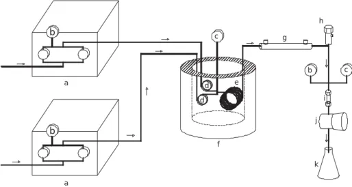Figure 1. Schematic diagram of lab-scale tubular reactor showing the (a) high  pressure pump, (b) pressure gauge, (c) thermocouple, (d) preheater, (e) reactor, (f)  molten salt bath, (g) double pipe heat exchanger, (h) relief valve, (i) back-pressure  regu