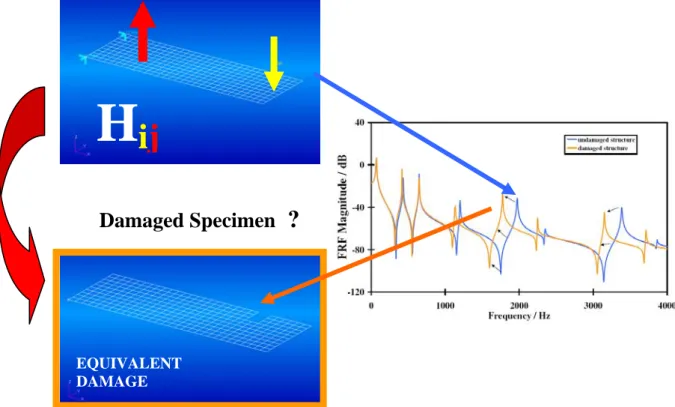 Figure 3  Principle of damage localization using topology optimization method. The only a  priori information is a baseline model (FEA) and the experimental modal data of the specimen  under test [51]