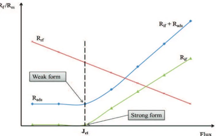 Fig. 2. Schematic representation, as seen by authors, of the critical flux of irre- irre-versibility and its relationship with the strong form and weak form of critical flux (R f = fouling resistance).
