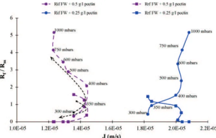 Fig. 10. Pectin’s impact on reversible R rf () and irreversible R if (d) fouling.