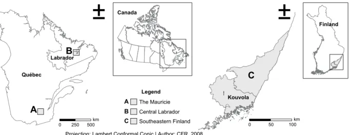 Fig. 2. The study locations: the Mauricie region in Quebec, Central Labrador and Southeastern Finland.