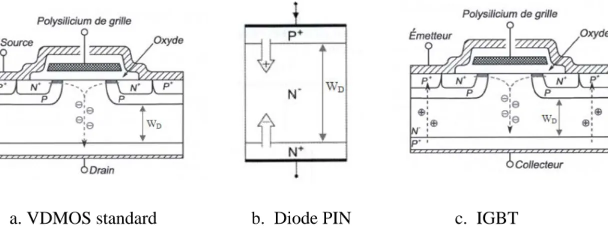 Figure I.3: Différentes structures de composants de puissance avec localisation de la zone de  tenue en tension   