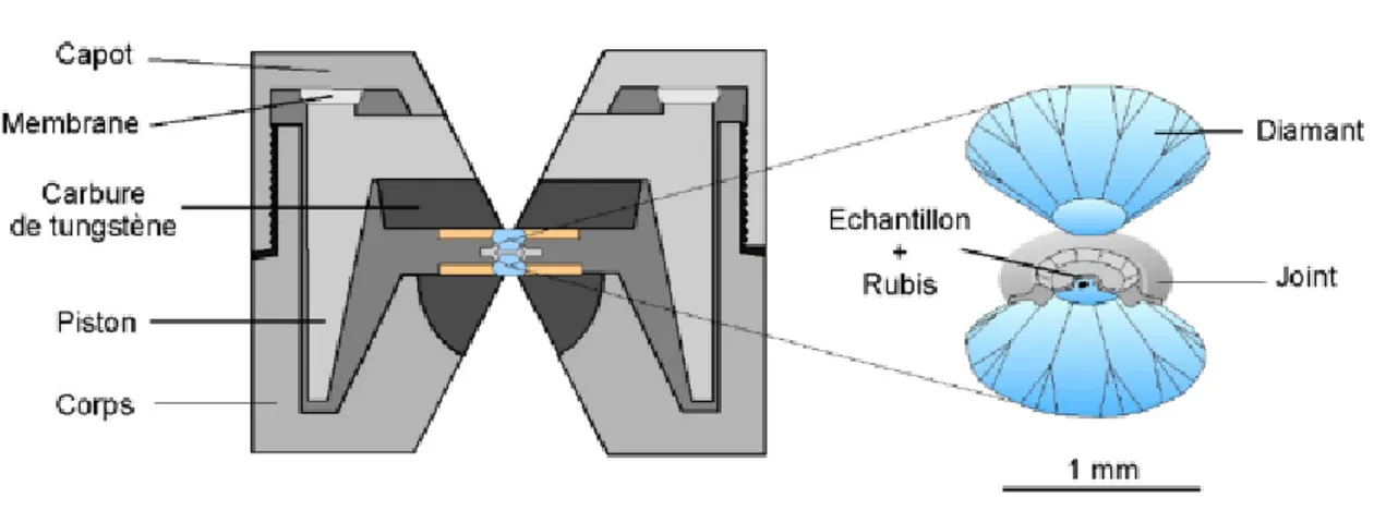 Figure 2.2 – Schéma d’une cellule à enclumes de diamant de type &#34;Chervin&#34; et détail du chargement expérimental (Chervin et al., 1995)