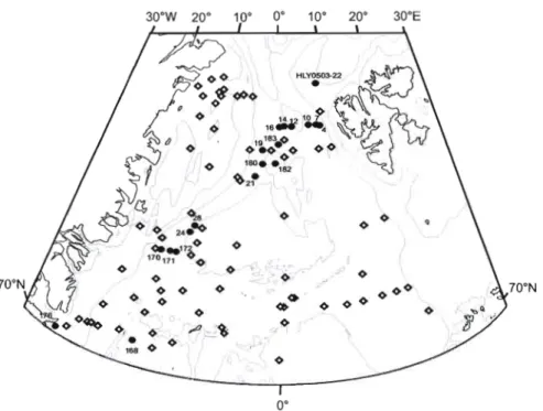 Figure  2.  Location  map  of the  surface  sediment  samples  used  for  canooical  correspondence  analysis  (cf