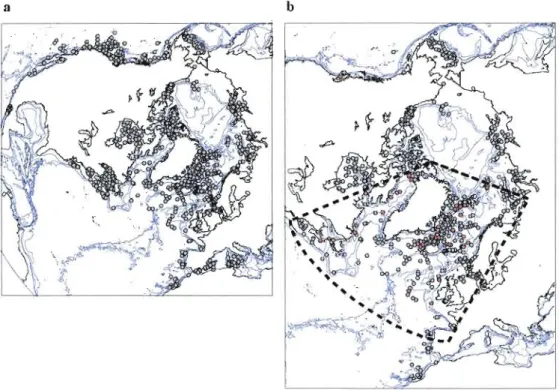 Figure 4.  Location map of sUlface  sediment samples used  to  reconstruct  past sea-surface  conditions  from  dinocyst  assemblages  in  core  JM04
