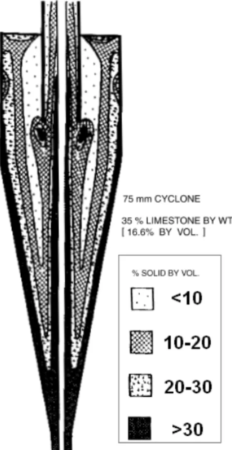 Figure 2.10: Distribution spatiale de la fraction volumique de solide prédite par Rajamani and Milin (1992).