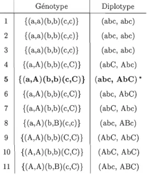 Tableau  3.3 Reconstruction initiale  pour  Phase  Génotype  1  {(a,a)(b,b)(c,c)}  2  {(a,a) (b,b) (c,c)}  3  {(a,a) (b,b) (c,c)}  4  {(a,A) (b,b) (c,C)}  5  { (a,A)(b,b)(c,C)}  6  {(a,A)(b,b)(c,C)}  7  {(a,A) (b,b)(c,C)}  8  {(a,A)(b,B)(c,c)}  9  {(A,A)(b