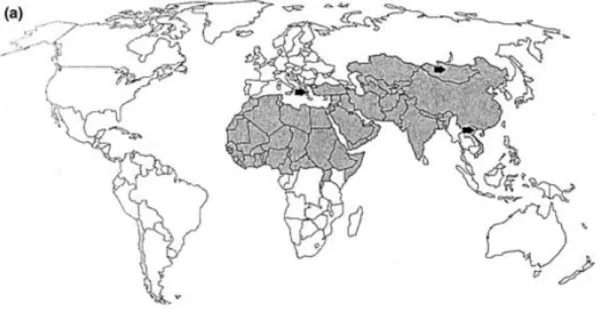 Figure  3: Distribution  of  Sheeppox  and  Goatpox  diseases  in  the  World.  The  arrows  show the  recent outbreak reported parts of the world; Source: Babiuk et al., 2008a  