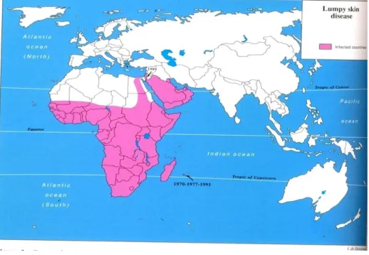 Figure 4: Geographical distribution of LSD ;  Source: Lefèvre, P C, Gourreau, J M, 2010  