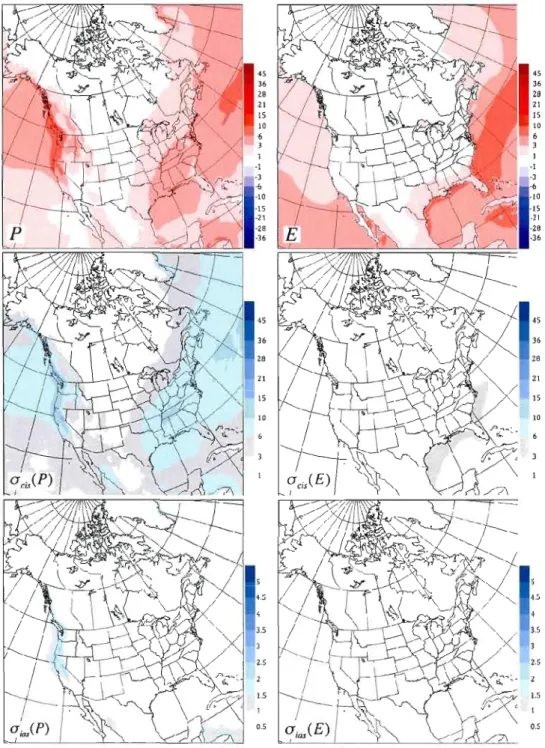 Figure  2  Part  1 Climatological  mean  (top  row),  climatological  intraseasonal standard  deviation  (middle  row)  and  interannual  seasonal  standard  deviation  (bottom  row)  of  precipitation  (1  st  column),  evapotranspiration  (2 nd  column),