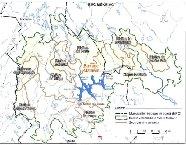 Figure 2.2 Principaux tributaires et sous bassins du  réservoir Taureau tiré de  www.bape.gouv.qc.ca/sections/mandatslMatawin/documentsIPR-5-I_carte2-1.pdf 