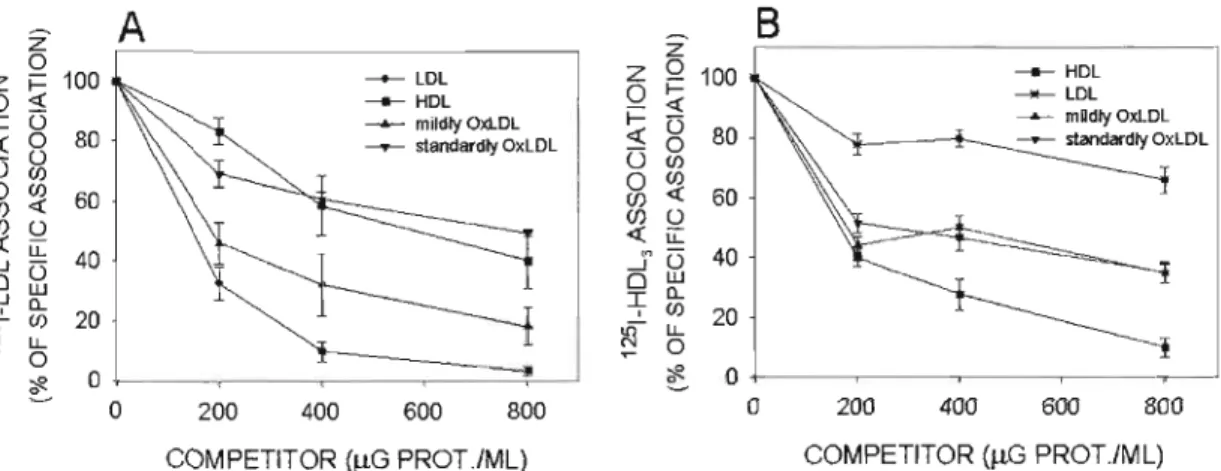 Figure  2.1  :  Competition  curves  of  125 I_LDL  (A)  and  125 I-BDL3  (B)  association  with  MG-63  cells  by  unlabelled  LDL,  OxLDL  and  HDL3