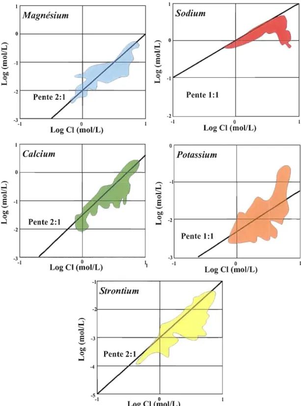 Figure 2.1  Champs  de  concentrations  des  principaux  cations  trouvés  dans  les  saumures  de bassins sédimentaires en fonction  du chlore (modifié de Hanor, 2001)