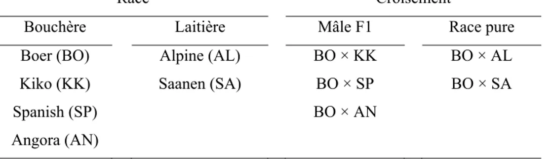 Tableau  1.1  Principales  races  utilisées  en  production  laitière  et  bouchère  caprine  et  les  principaux croisements étudiés dans la littérature pour la production de viande de chèvre 