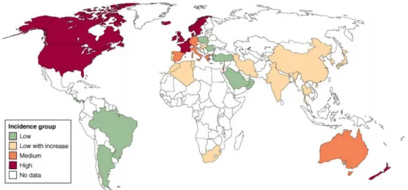 Figure 3 : Carte globale de l’incidence de la maladie de Crohn dans le monde. Les pays  en rouge ont une incidence élevée (supérieure à 10/100 000)