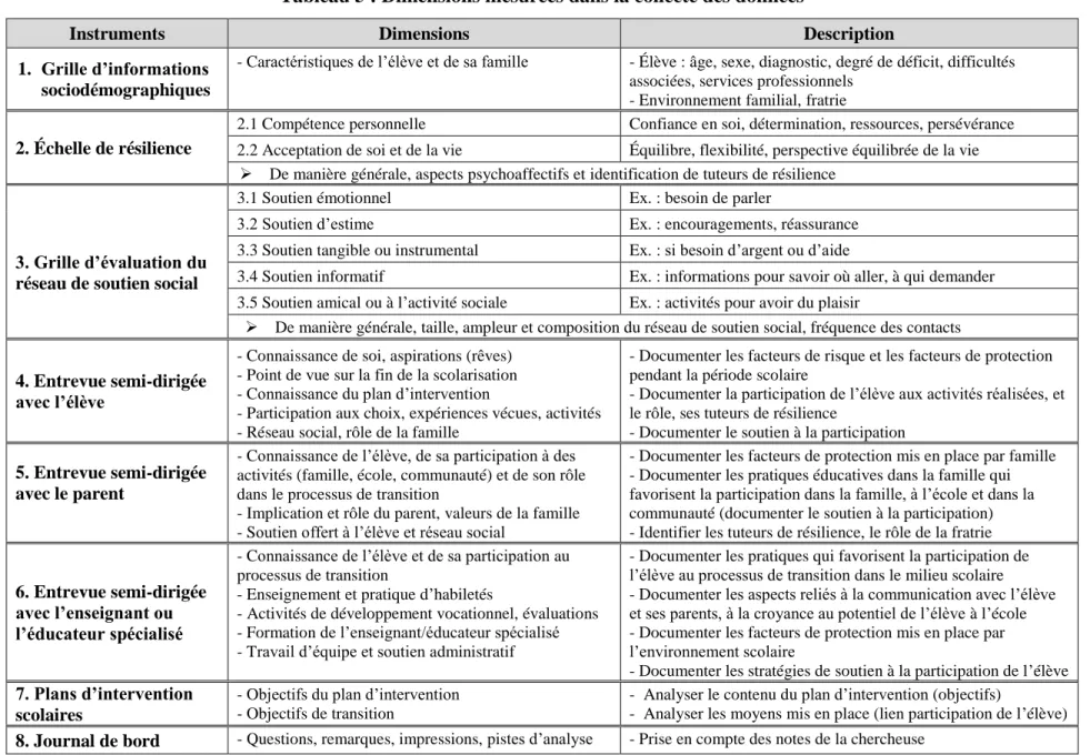 Tableau 5 : Dimensions mesurées dans la collecte des données 