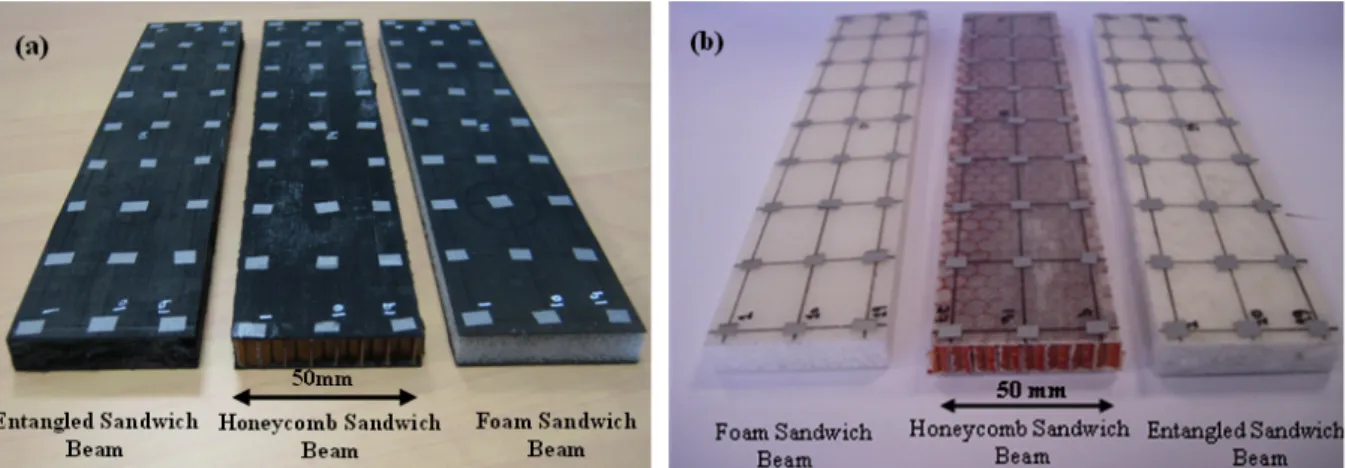 Fig. 1. The six sandwich beams tested in this article with (a) carbon prepregs and (b) glass  woven fabric as skin materials  