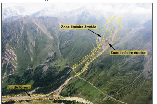 Figure  11:  L’exemple  des  zones  étroites  et  linéaires  de  déclenchement  des  laves  torrentielles dans les montagnes de Trans-Ili Alataou 