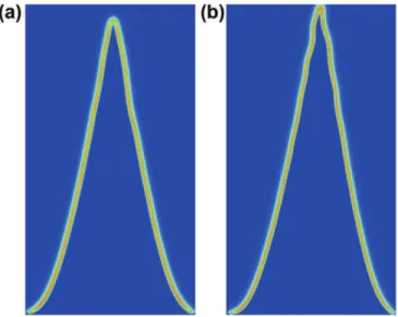 Fig. 11. Heat release fields in the DNS of hydrogen/air flames: (a) / = 0.6 and (b) /