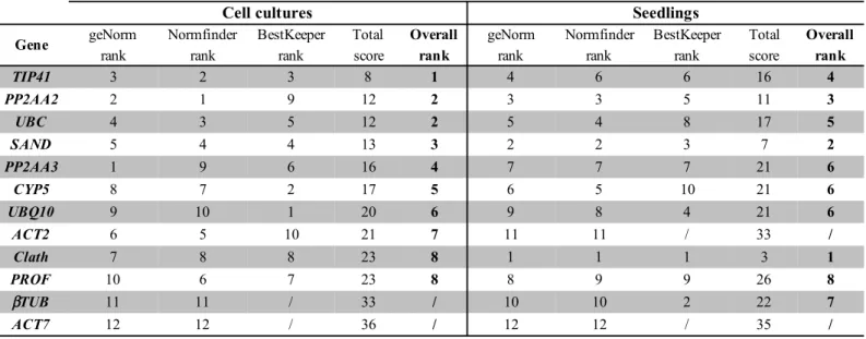 Figure  3:  Ranking  of  the  candidate  reference  genes  for  different  tissues  of  chicory  seedlings according to NormFinder (A) geNorm (B) and BestKeeper (C)