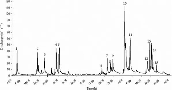 Figure 2. Hourly discharge in the 15 flood events observed during the study period (January 2008 to June 2009) at Larra sampling station