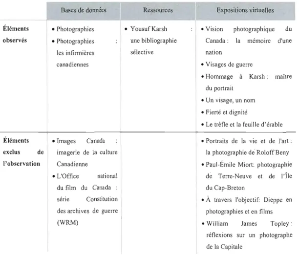 Tableau 8: Éléments observés sur le site de  BAC  (section  «  Art et photographie ») 