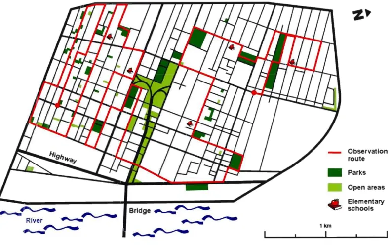 Figure 3.1  Map of the  area showing the observation route and parks,  open spaces, and elementary schools (map created by  Geneviève Castonguay,  based on a Google Earth satellite image)