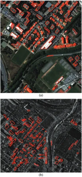 Fig. 10. Building detection without DB: building outlines projected (a) on the optical image and (b) on the SAR image.