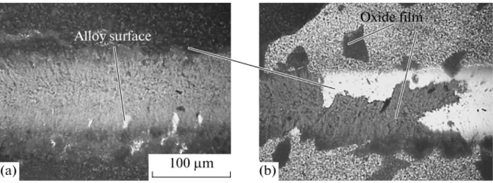 Fig. 4. Optical images of fragment of scratch trace at critical load for samples with different sulfur content (bright light areas are metal surface, dark areas are oxide film): (a) 0.22 wt ppm and (b) 3.2 wt ppm.