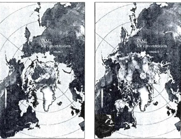 Figure  l.l  Minimum et  maximum de surface occupée par la glace en Arctique en 2006. 