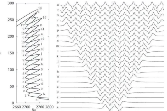 FIG. 5. Series of snapshots representing isovalues of the streamfunction at the saddle-nodes of the L 1 10 þ branch numbered as in Figure 4(a)