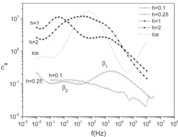 Fig. 5. Dielectric losses ( e 00 ) of elastin for various hydration levels and ice (deionized water) as a function of frequency at T = ÿ100 °C.