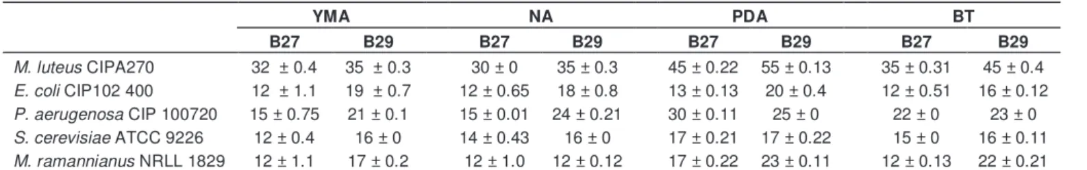 Table 2. Antimicrobial activity of B27 and B29 Bacillus sp. strains in various culture media