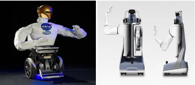 Figure 2: Robonaut, construit par Dextrous Robotics Laboratory, est un humanoide conçu pour tra- tra-vailler avec des astronautes (à gauche), Le robot PR2 est une plateforme dédiée à la recherche (à droite)