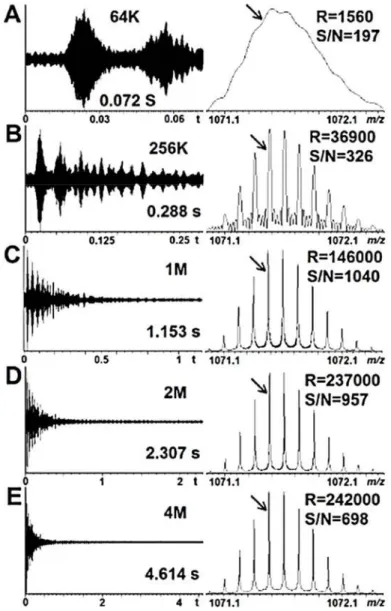 Figure 15 : Spectres de masse de l’ubiquitine acquis avec différents temps de transient ou  résolution d’acquisition (64 kpoints jusque 4 mégapoints)
