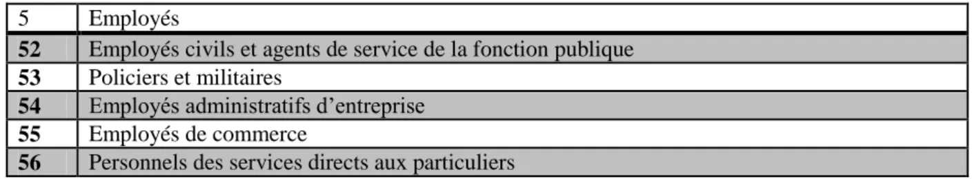 Tableau 1 - Catégorie socio-professionnelle au niveau 2 des employés 