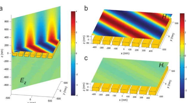 Figure 2.28: FEM simulations of the excited surface mode. (a) Field distributions of E z in the diagonal cross-section and x − y plane, respectively