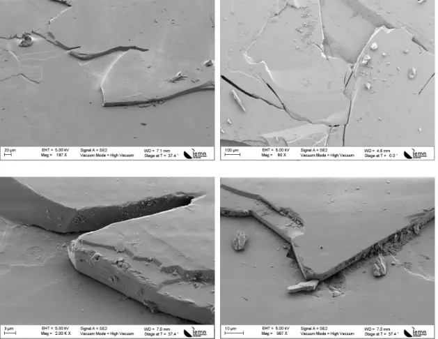 Figure 3.4: SEM pictures of the crystalline hexaferrite BaFe 12 O 19 showing step- step-like artefacts and surface roughness