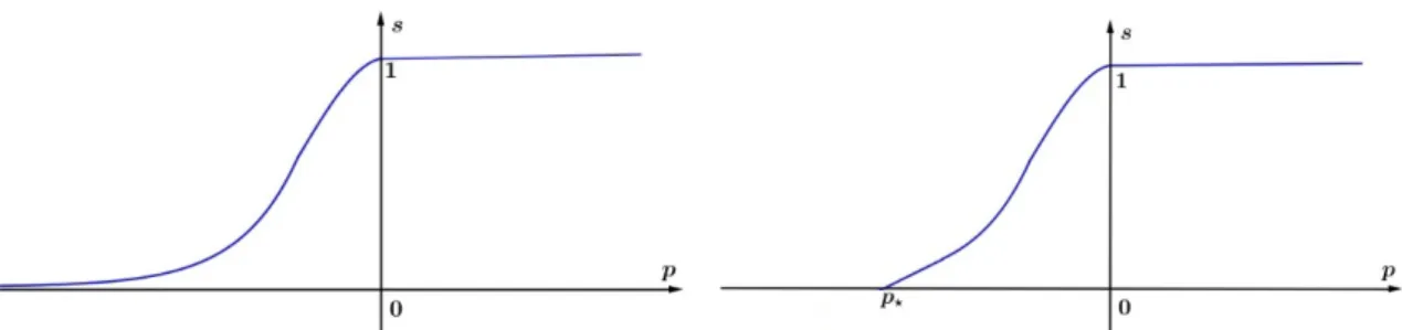 Figure 2.1 – Typical water content functions. Two distinct behaviors are allowed in our study : (left) either the function s remains strictly positive on R but tends to 0 as p tends to −∞ and p ? = −∞, or (right) there exists a finite value of p ? such tha