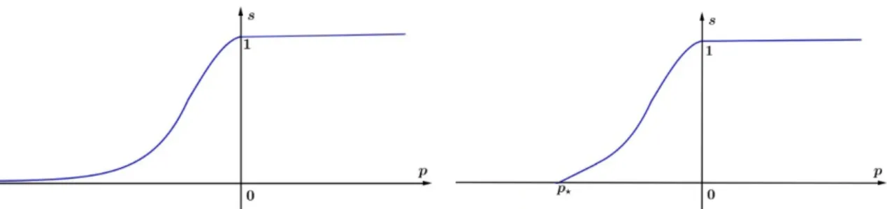 Figure 2.1 – Typical water content functions. Two distinct behaviors are allowed in our study : (left) either the function s remains strictly positive on R but tends to 0 as p tends to −∞ and p ? = −∞, or (right) there exists a finite value of p ? such tha